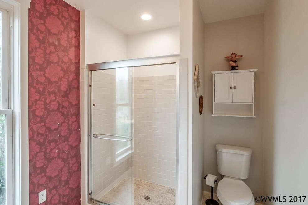 Large traditional master bathroom in Other with furniture-like cabinets, black cabinets, an alcove tub, a shower/bathtub combo, a one-piece toilet, blue tile, marble, blue walls, marble floors, an integrated sink, granite benchtops, multi-coloured floor, an open shower and multi-coloured benchtops.