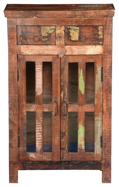 Oviedo Rustic Reclaimed Wood Glass Door 2 Drawer Storage Cabinet - Small Cupboard With Glass Doors Oviedo Rustic Reclaimed Wood Glass Door 2 Drawer Storage Cabinet - Small Cupboard With Glass Doors