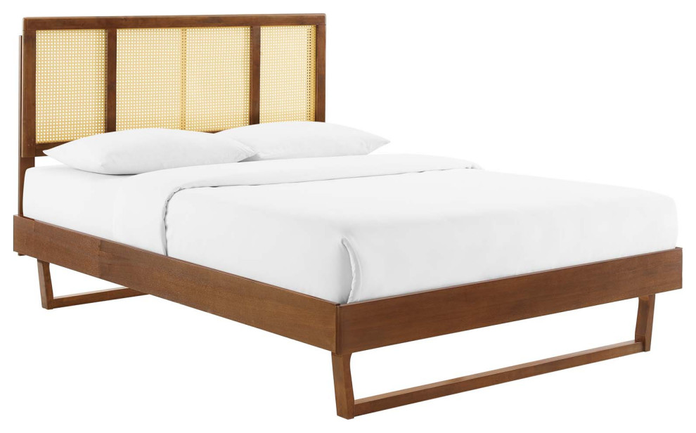 Kelsea Cane and Wood King Platform Bed With Angular Legs Midcentury