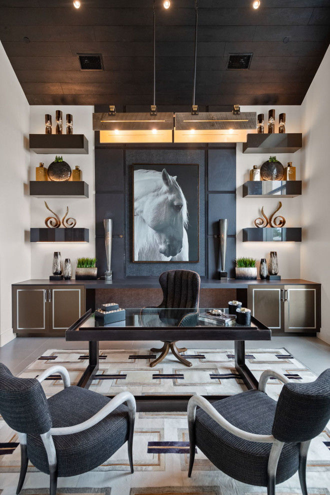 This is an example of a contemporary home office in Dallas with white walls, a freestanding desk, grey floor, vaulted and wood.