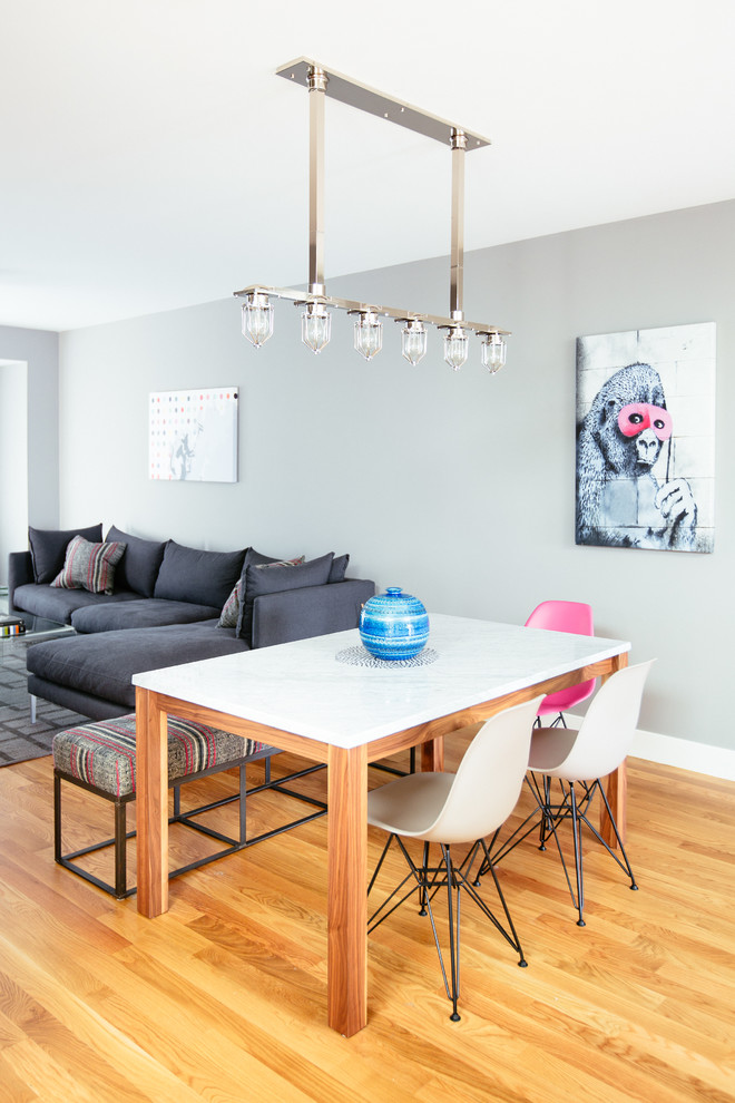 Example of a transitional light wood floor great room design in San Francisco with gray walls