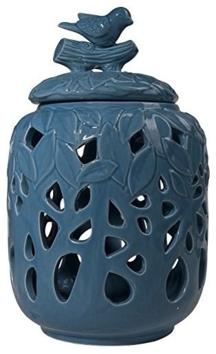 Blue Decorative Jar with Bird Finial, 7.1" x 12"
