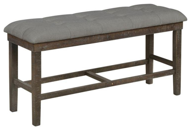Counterheight Rustic Dark Oak Dining Bench Upholstered with Gray Linen Fabric