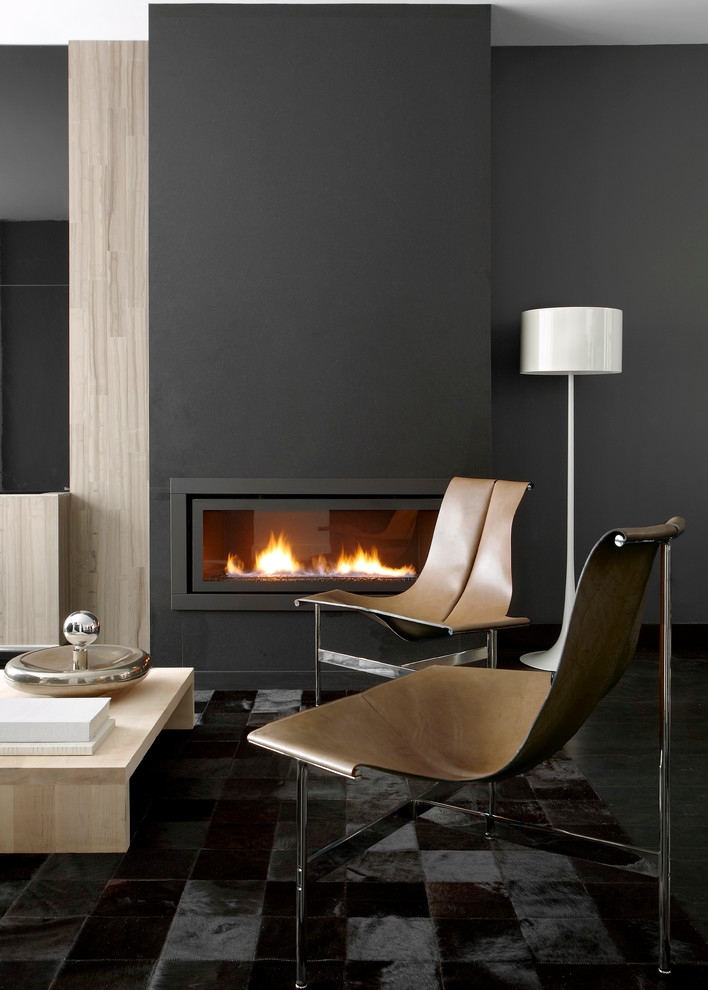 Trendy living room photo in Chicago with gray walls and a ribbon fireplace