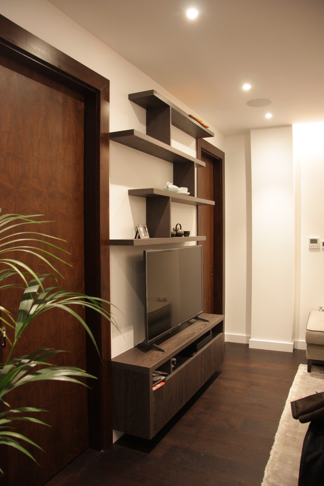 Wood veneer custom made media unit with floating shelves and wardrobe