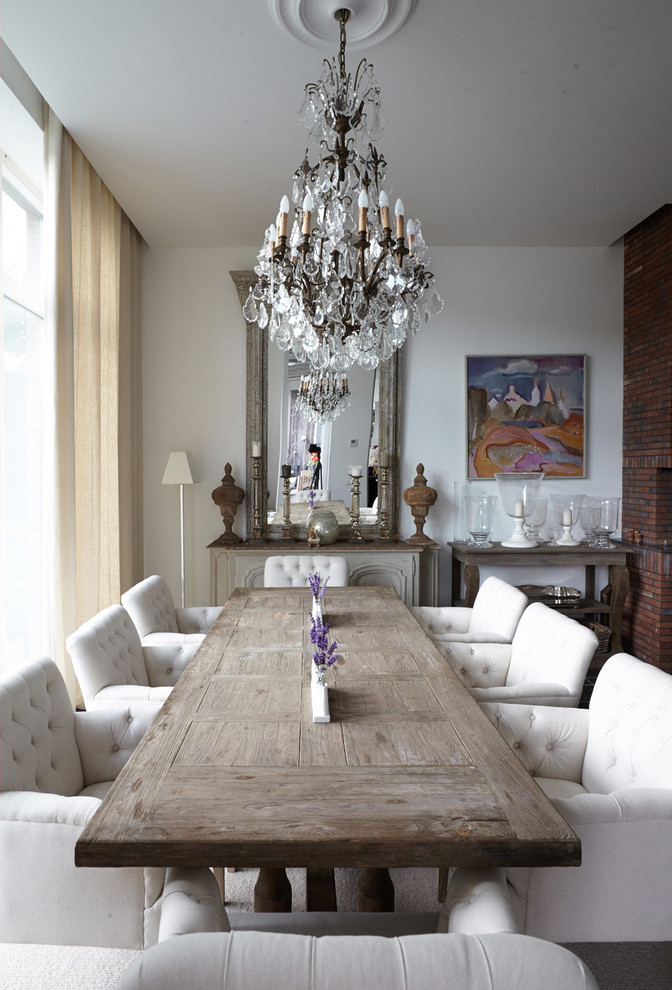 Photo of a large contemporary dining room in Moscow with white walls, medium hardwood floors and no fireplace.