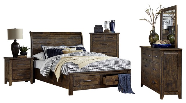 5 Piece Jackson Cal King Storage Bed Dresser Mirror Nightstand Chest Brown