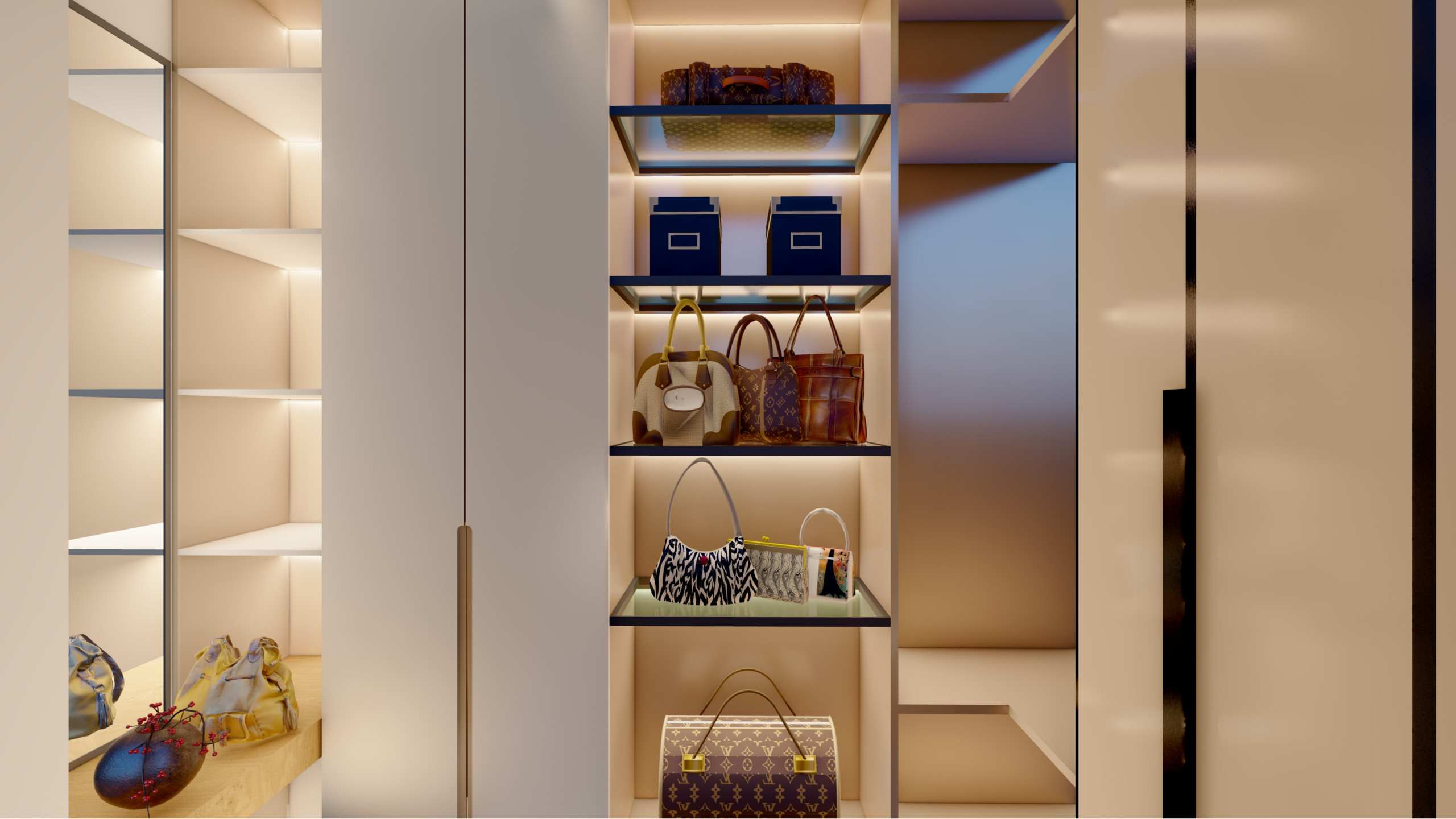 Luxe Minimalist Walk-In Closet with Custom Built-Ins in Dorking