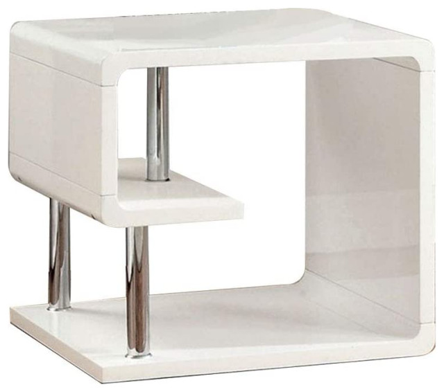 Contemporary End Table, Chrome Finished Poles With Geometric Body, White Gloss