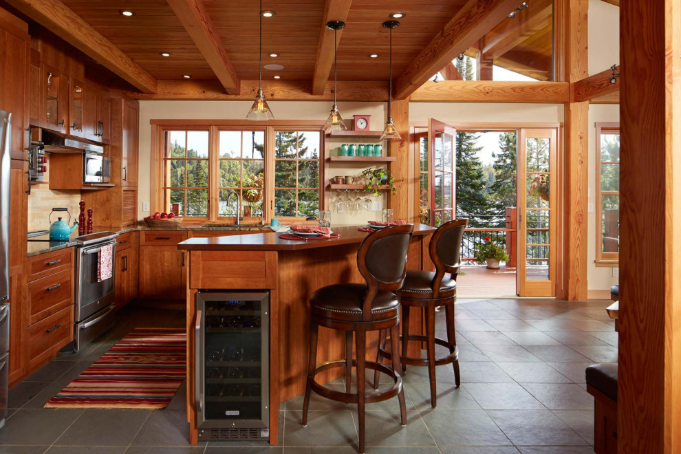 Design ideas for a mid-sized country galley eat-in kitchen in Minneapolis with with island.