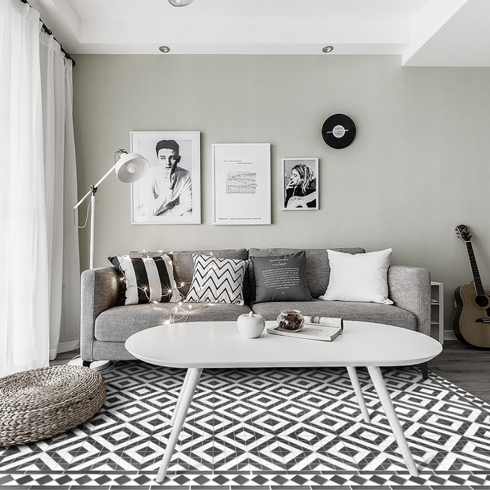 Idéer för funkis vardagsrum, med grå väggar och klinkergolv i porslin