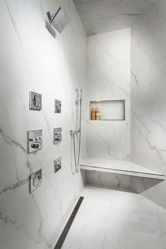 Photo of a large modern master bathroom in Other with flat-panel cabinets, light wood cabinets, a freestanding tub, an alcove shower, a bidet, white tile, marble, grey walls, marble floors, an undermount sink, engineered quartz benchtops, white floor, a hinged shower door, white benchtops, a double vanity, a floating vanity and a shower seat.