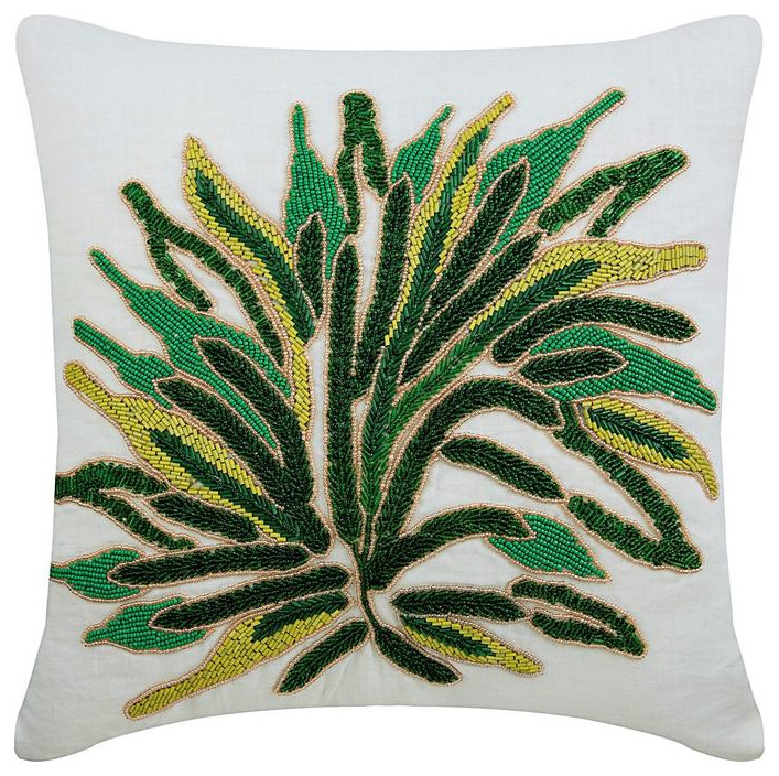Decorative Throw 18"x18" White Linen Green Beaded Pillow Cover, Green Shrub