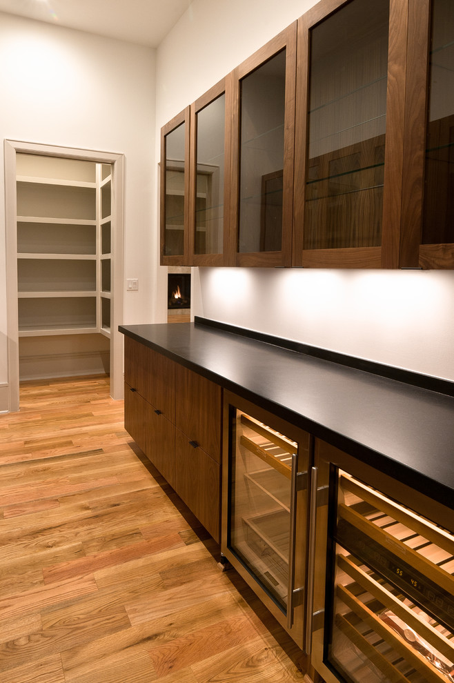 This is an example of a mid-sized modern galley wet bar with an undermount sink, glass-front cabinets, dark wood cabinets, medium hardwood floors, brown floor and black benchtop.