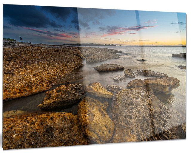 "Large Brown Rocks at Sydney Beach" Glossy Metal Wall Art Beach Style