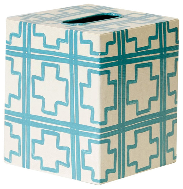 Worlds Away Kleenex Box Cream with Turquoise Squares
