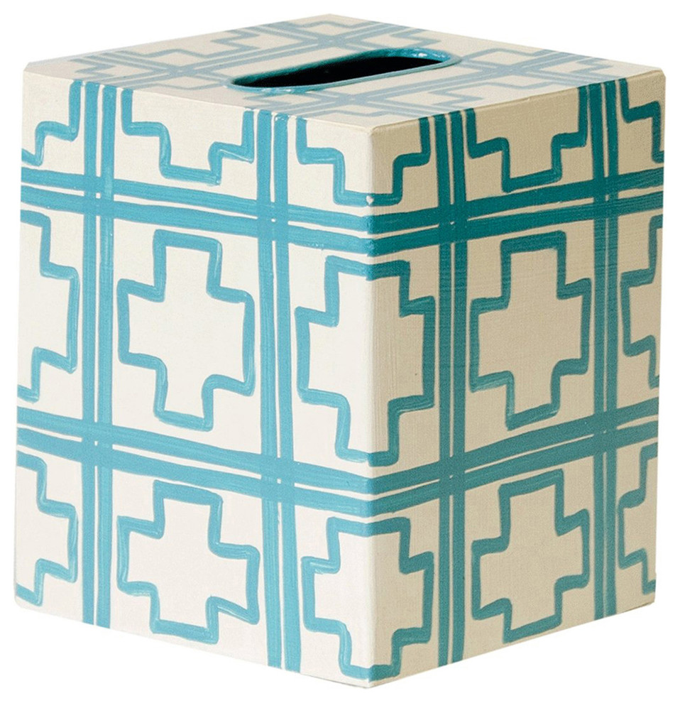 Worlds Away Kleenex Box Cream with Turquoise Squares