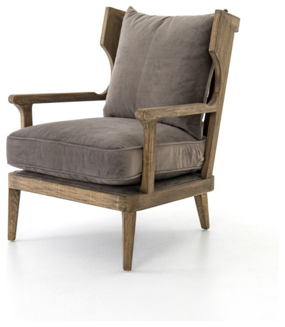 Lennon Exposed Oak Gray Velvet Wingback Chair Midcentury Armchairs