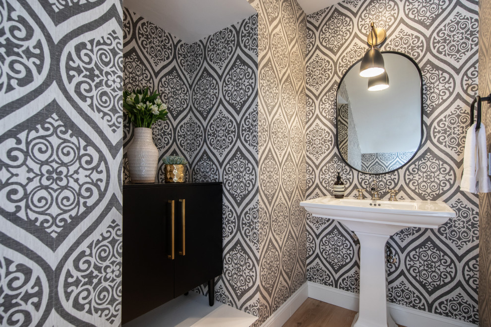 Contemporary cloakroom in Los Angeles with a freestanding vanity unit and wallpapered walls.