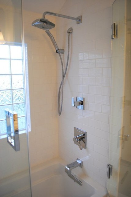 White Subway Tile Chrome Fixtures Traditional Bathroom