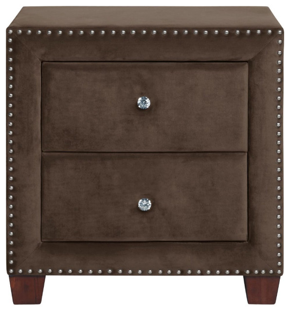 Contemporary Nightstand, Brown Velvet Upholstery With Nailhead Trim & 2