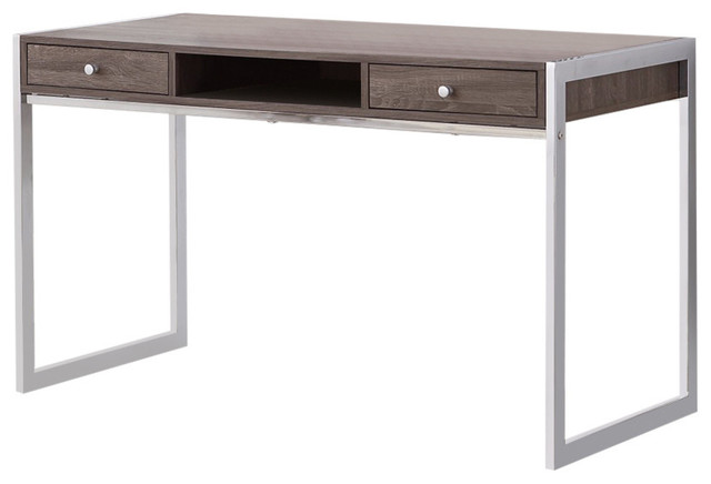Benzara BM159132 Wooden Writing Desk With Electroplated Chrome Frame, Gray