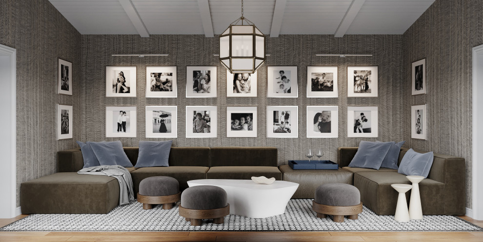Immagine di un soggiorno minimal chiuso con pareti marroni, parquet chiaro e carta da parati