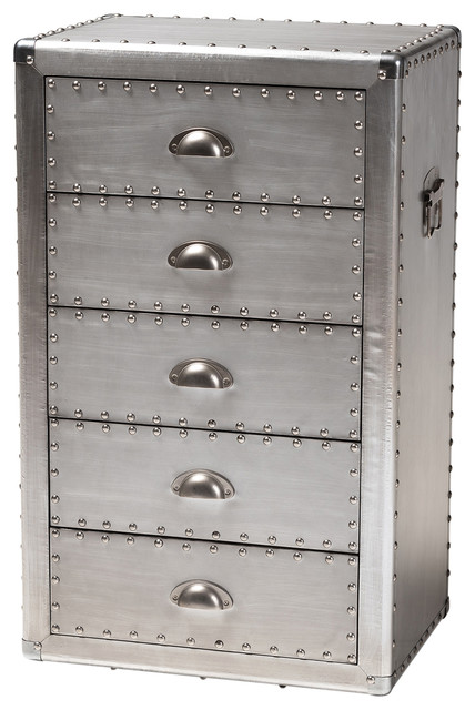 Natalie French Industrial Silver Metal 5 Drawer Accent Chest