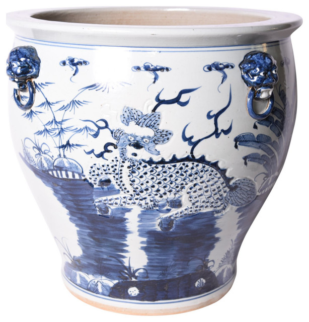 Blue And White Kylin Planter With Lion Handles Asian Indoor Pots