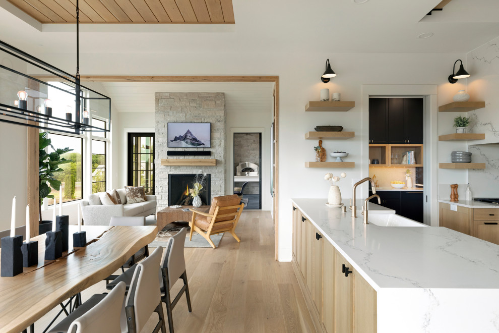Geräumige Klassische Wohnküche mit weißer Wandfarbe, hellem Holzboden, Tunnelkamin, Kaminumrandung aus Stein und Holzdielendecke in Minneapolis