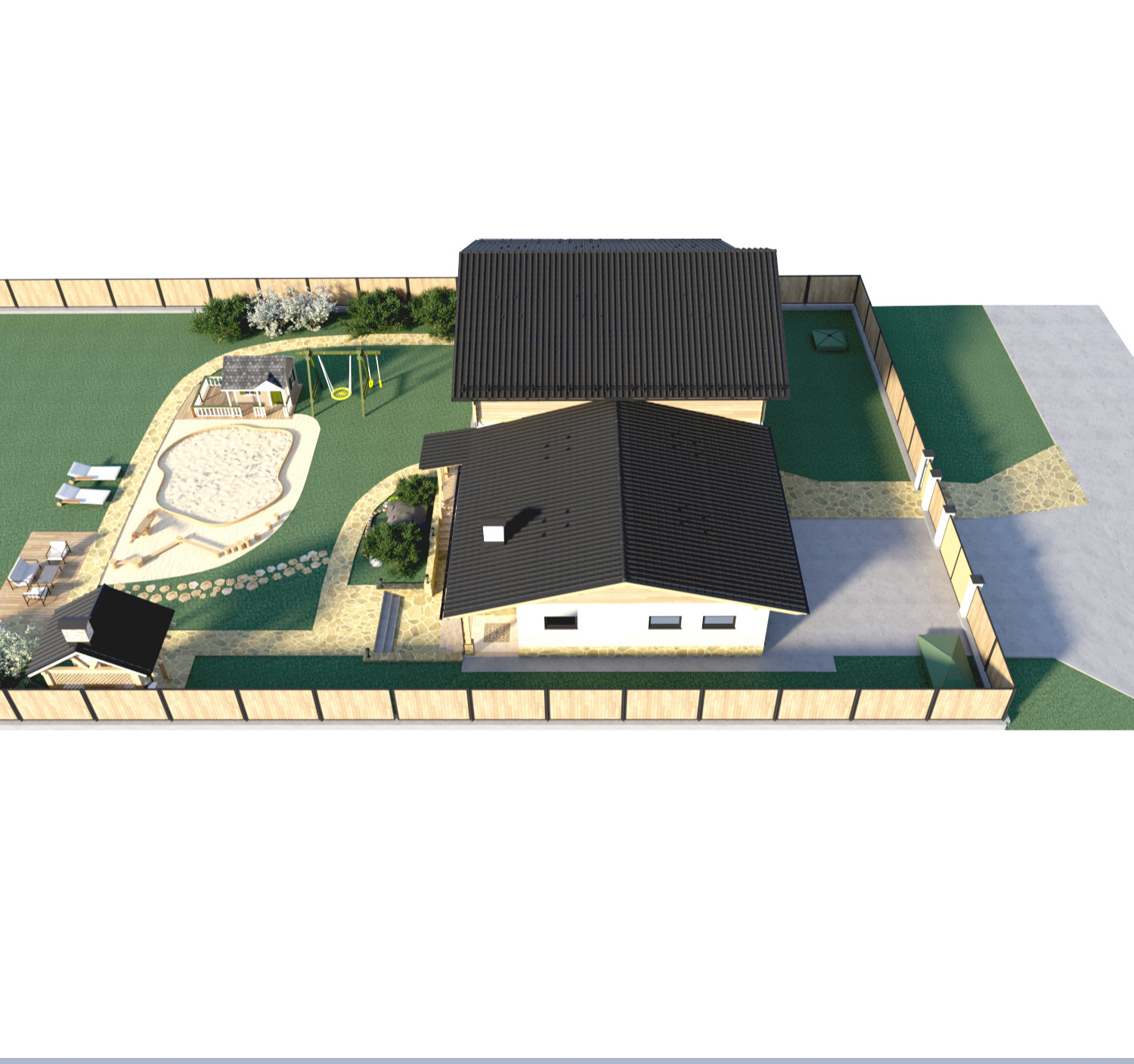 Визуализация решения по благоустройству вокруг дома. Пристройка к дому.