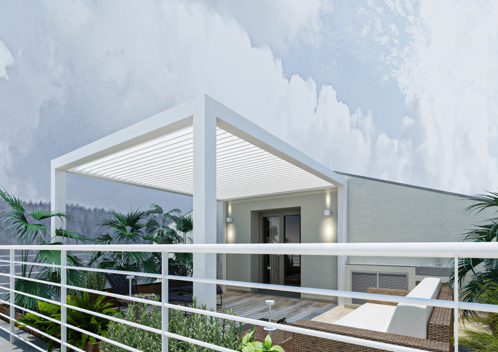Foto di una grande terrazza minimalista sul tetto e sul tetto con un giardino in vaso, una pergola e parapetto in metallo