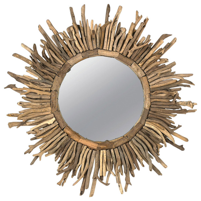 Round Coastal Driftwood Framed Sunburst Wall Mirror, Natural - Rustic ...