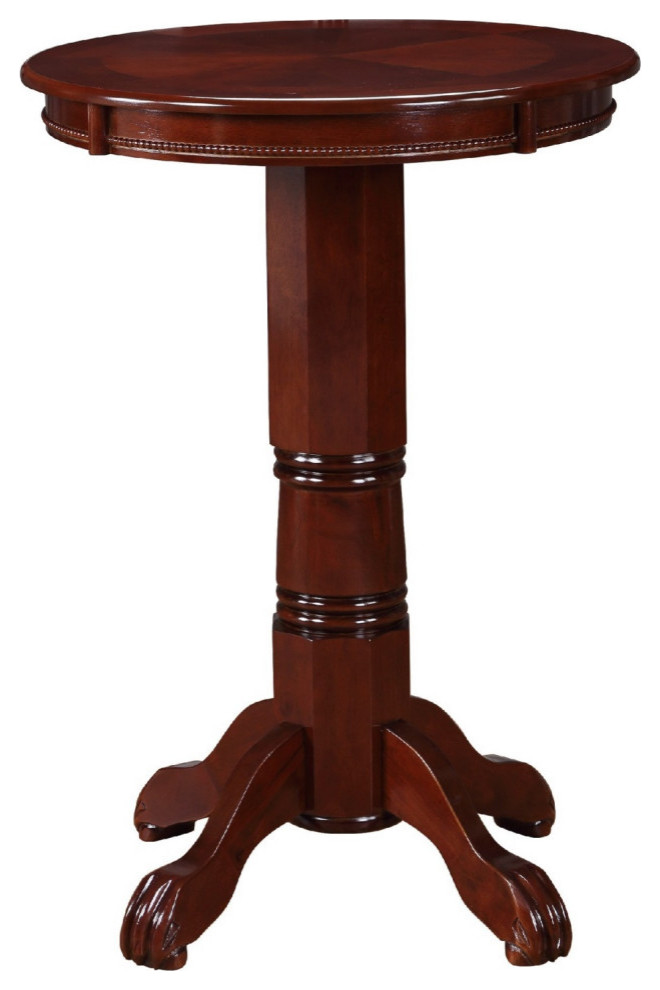 Ava 42" Wood Pub Bar Table, Sunburst Design, Carved Pedestal, Dark Brown Traditional Indoor