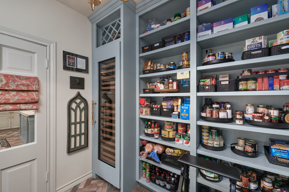 Huge french country galley brick floor and red floor kitchen pantry photo in Other with raised-panel cabinets, green cabinets, quartzite countertops, red backsplash, brick backsplash, no island and multicolored countertops
