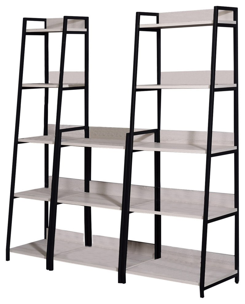 Wooden Bookshelf With 5 Open Compartments, Washed White And Black