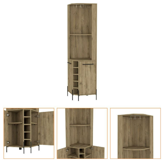 Reese Corner Bar Cabinet with Glass Rack, 5 Wine Cubbies, and Shelves ...