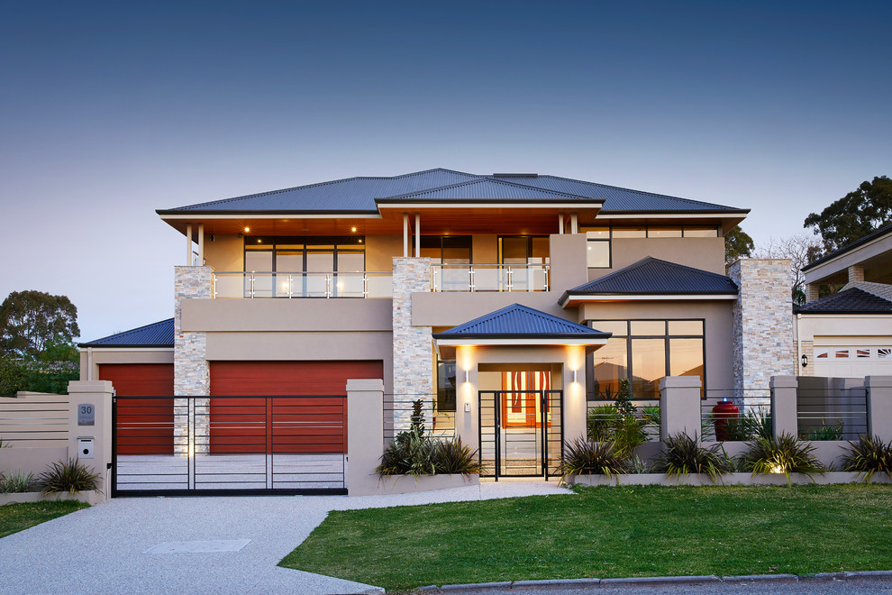 Large contemporary three-storey beige exterior in Perth.