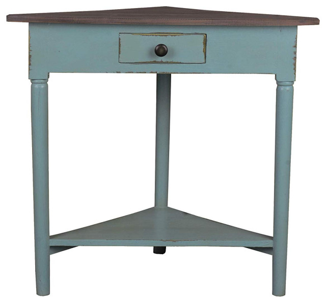 Corner End Table, Mahogany Wood With Distressed Teal Finish and Drawer