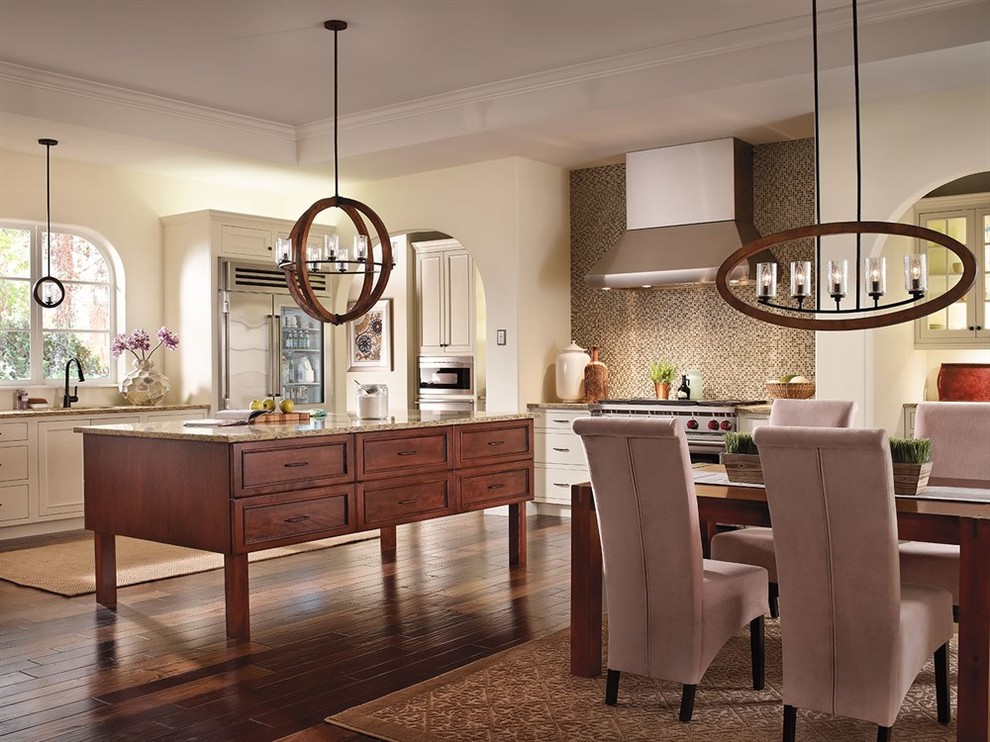Eat-in kitchen - large transitional l-shaped dark wood floor eat-in kitchen idea with an undermount sink, beaded inset cabinets, white cabinets, granite countertops, multicolored backsplash, mosaic tile backsplash, stainless steel appliances and an island