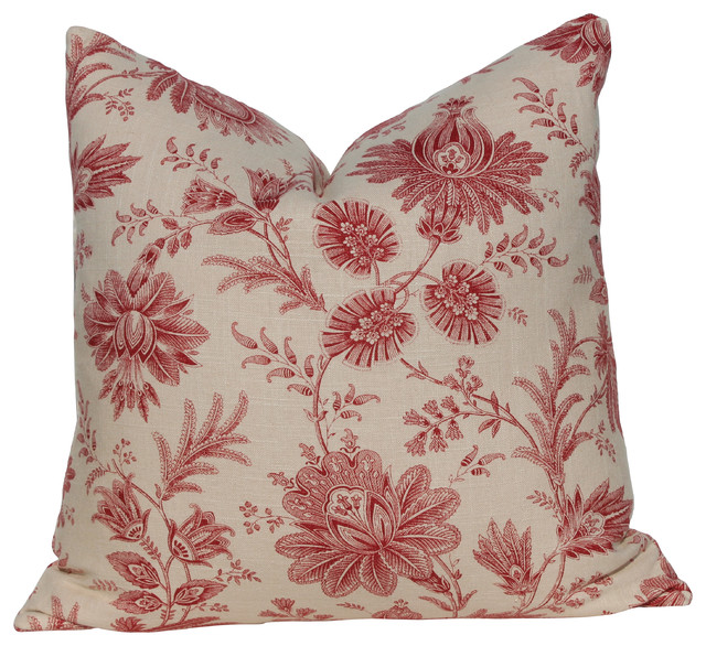 Cottage Cotton Pillow Cover With Flowers, Red, No Insert
