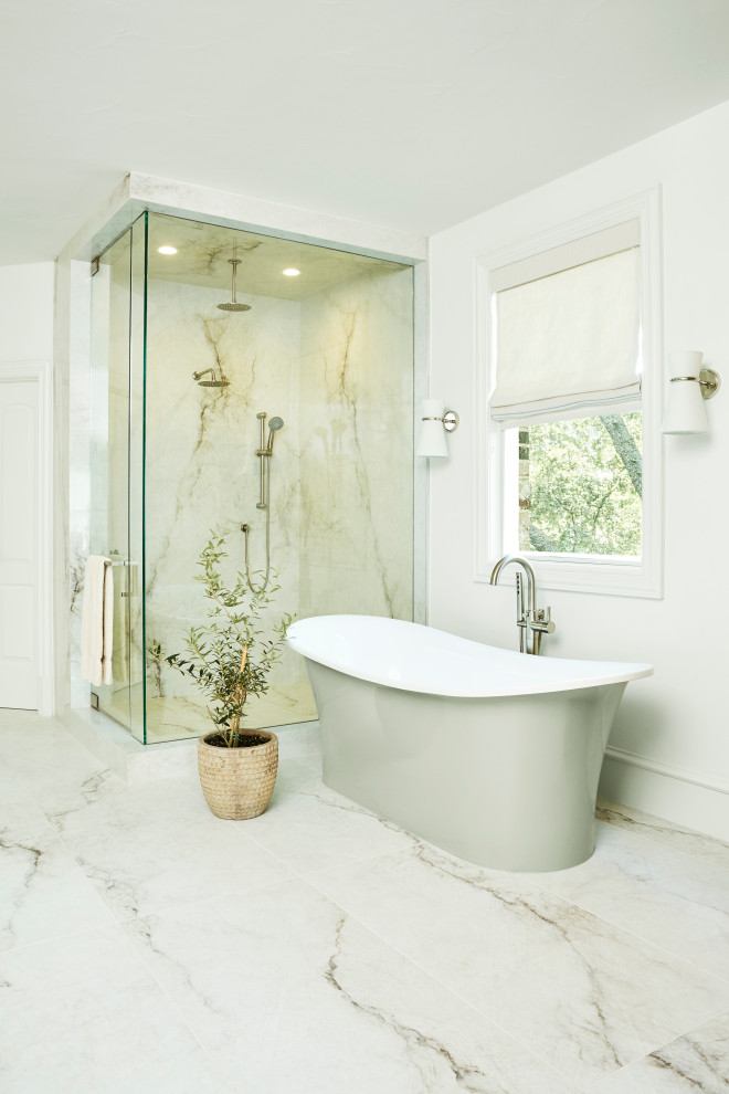 Photo of a large transitional master bathroom in Dallas with flat-panel cabinets, beige cabinets, a freestanding tub, a corner shower, a bidet, white tile, white walls, porcelain floors, an undermount sink, quartzite benchtops, beige floor, a hinged shower door, blue benchtops and a double vanity.