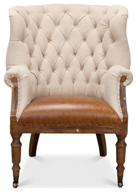 Welsh Beige Wing Accent Chair Linen, Burlap, Leather