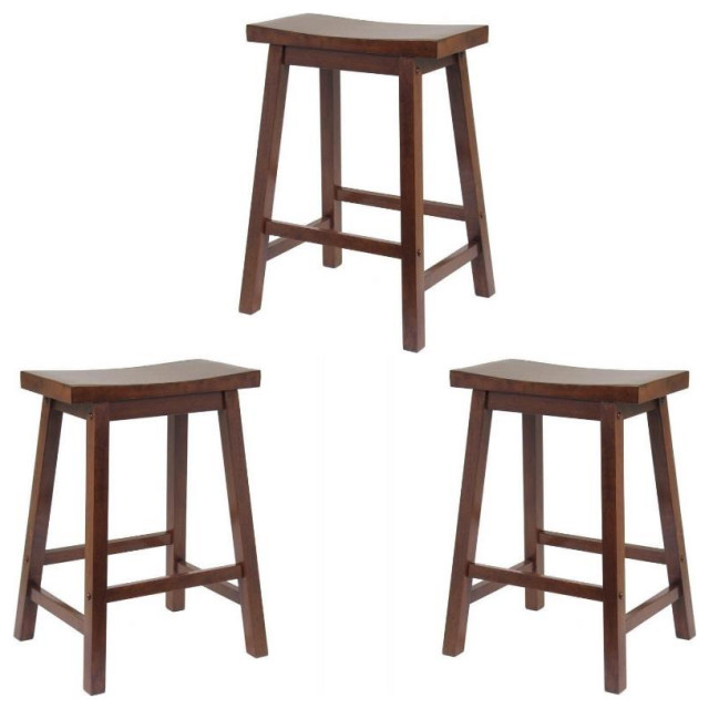 Home Square 3 Piece Solid Wood Saddle Seat Counter Stool Set in Antique