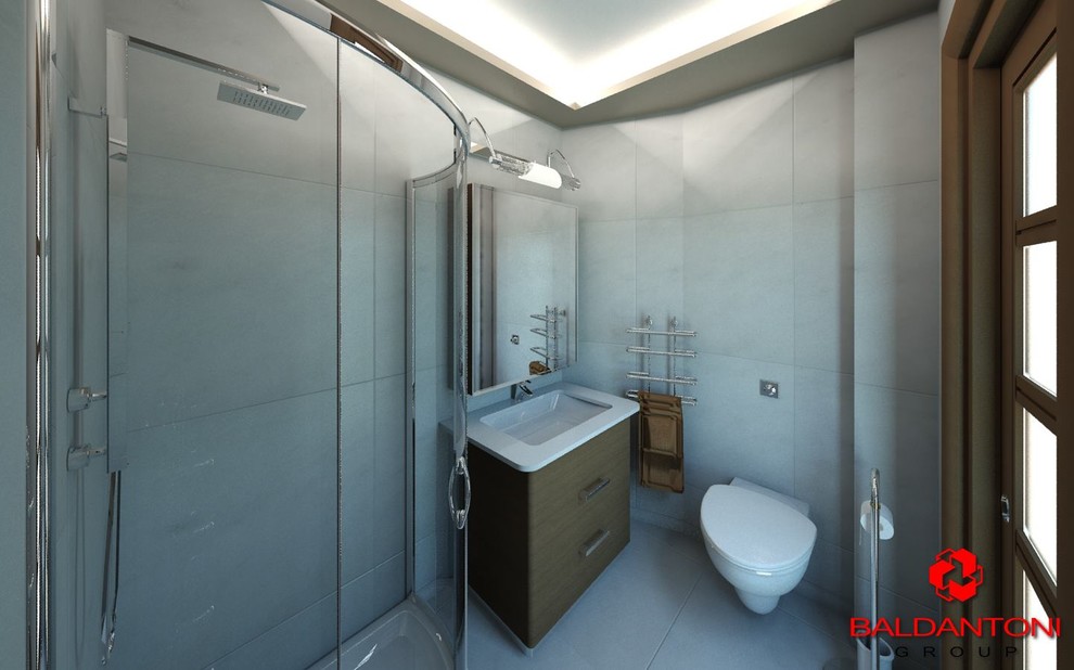 Immagine di una grande stanza da bagno con doccia moderna con ante con riquadro incassato, ante marroni, doccia ad angolo, WC monopezzo, piastrelle bianche, pareti bianche e pavimento bianco
