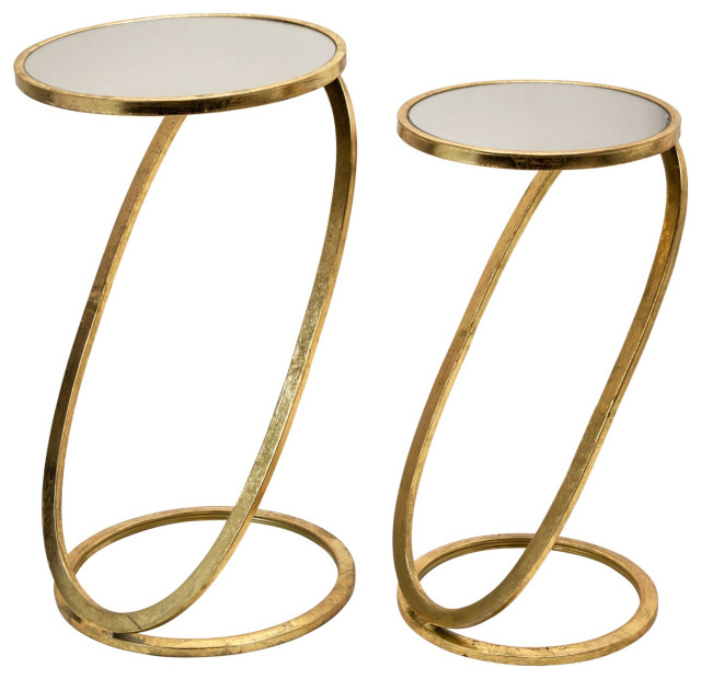 S/2 Gold Accent Tables, Mirror Top Contemporary Side Tables And End