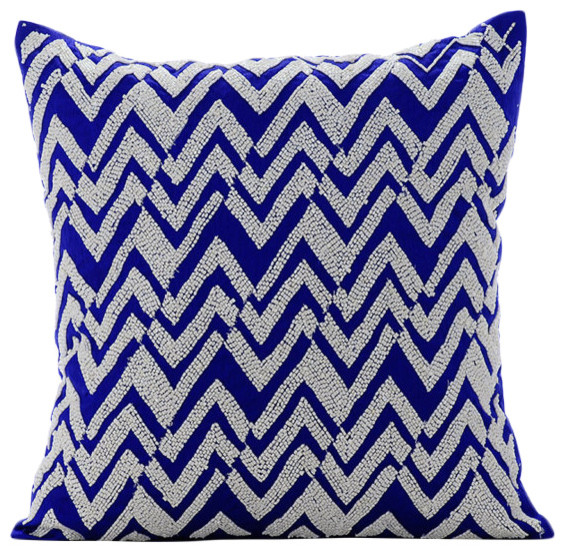 Beaded Chevron Art Silk Royal Blue Pillows Cover, White Chevron - Contemporary - Decorative ...