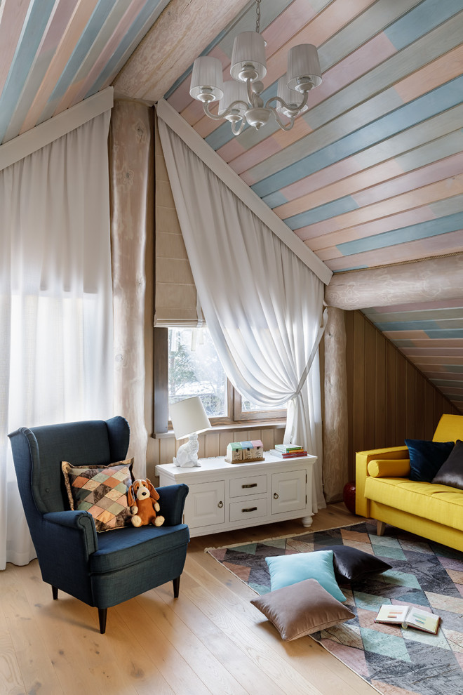 Inspiration for a country kids' playroom for kids 4-10 years old in Other with timber and planked wall panelling.