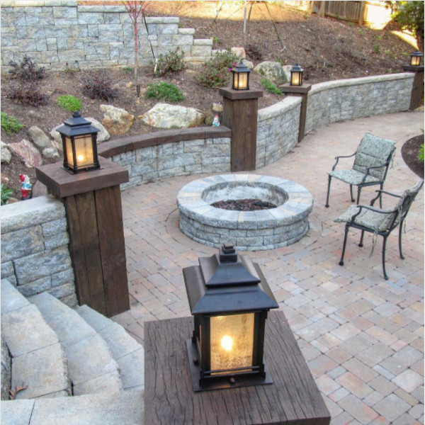 Design ideas for a large traditional backyard patio in San Diego with a fire feature, natural stone pavers and no cover.