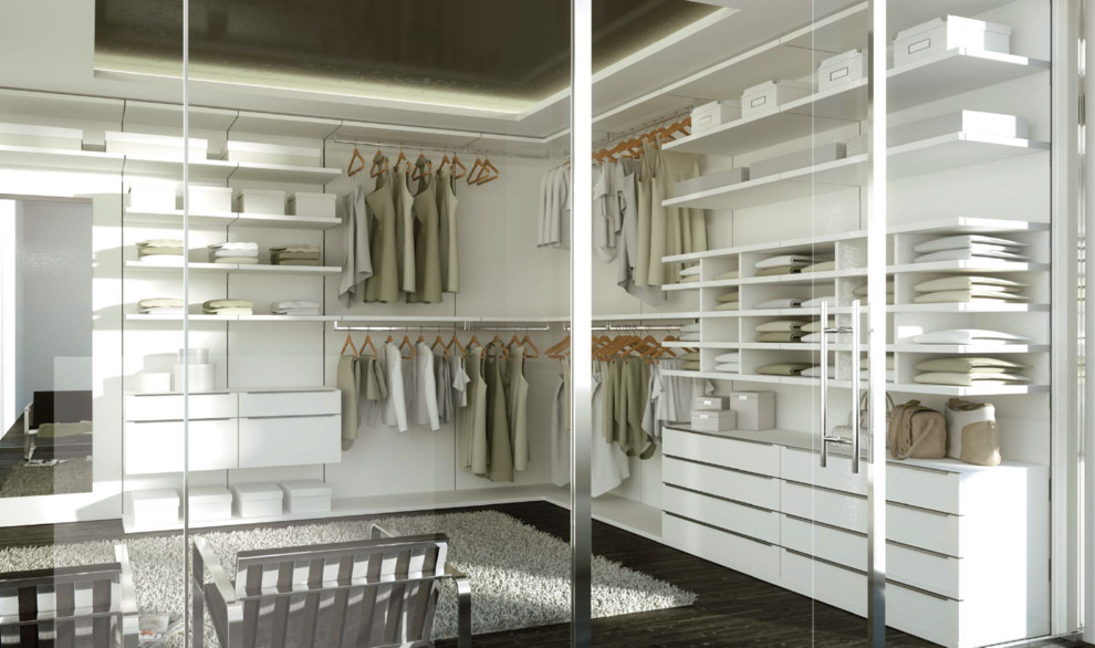 Inspiration for a mid-sized modern gender-neutral walk-in wardrobe in Los Angeles with white cabinets and dark hardwood floors.